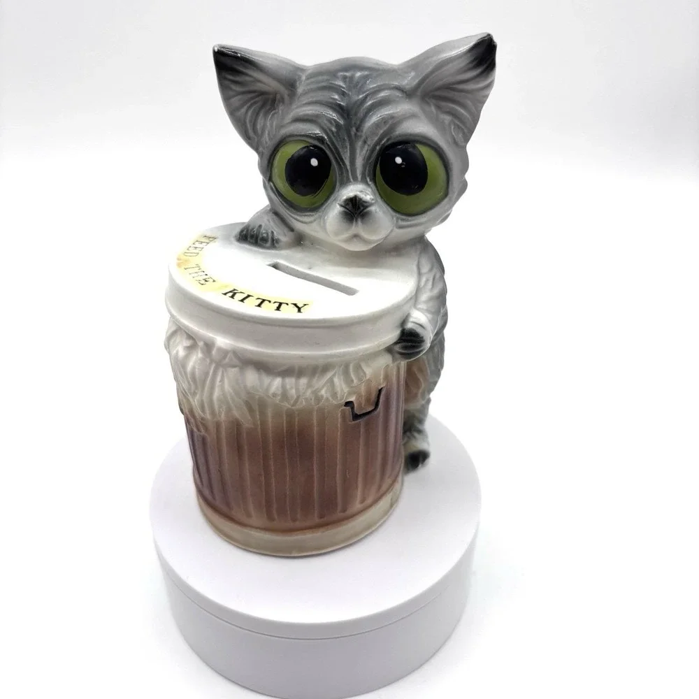 Vintage 1960's Japan Enesco Ceramic Feed The Bank Big Eyed Cat Piggy Bank